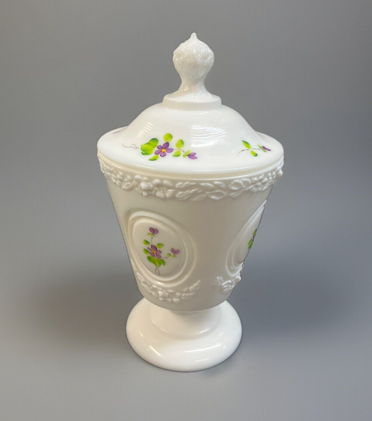 Fenton  Candy Dish "Violets in the Snow"  Milk Glass artist signed A Mullins