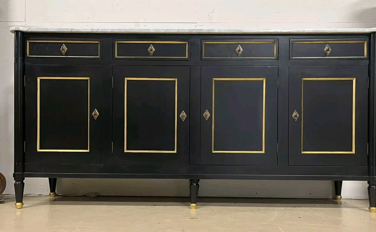 French Louis XVI Marble Top Black & Gold Cabinet Sideboard Cabinet Enfilade