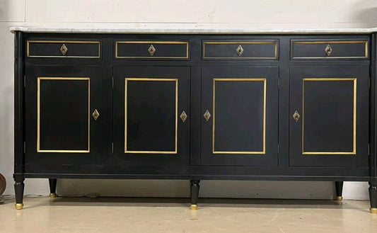 French Louis XVI Marble Top Black & Gold Cabinet Sideboard Cabinet Enfilade