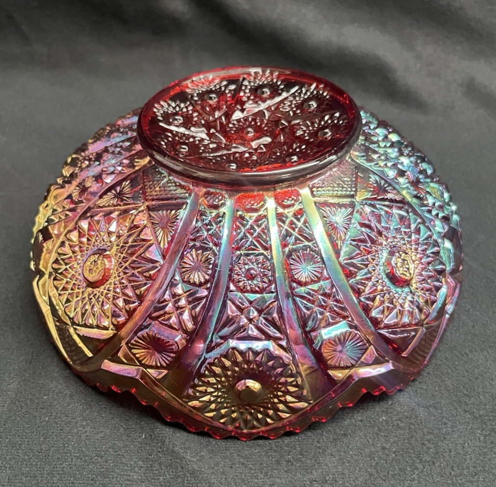 Imperial Glass OH Daisy & Button Rainbow Sunset Carnival Red Round Bowl 8"