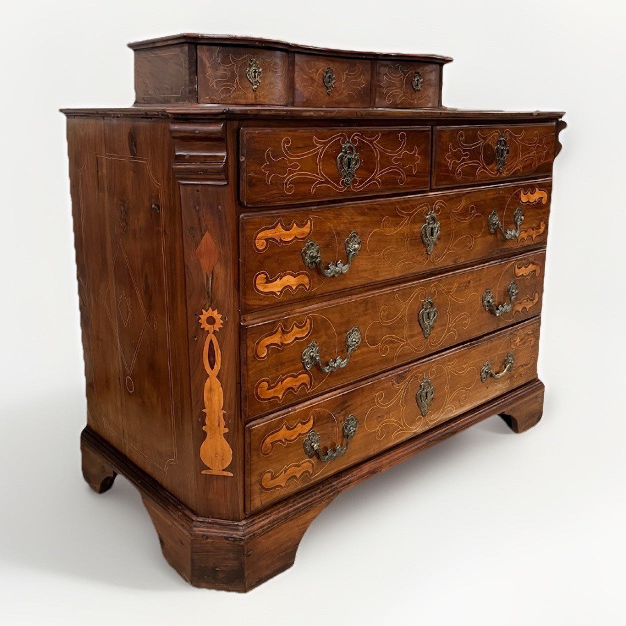 ANTIQUE SPANISH BAROQUE RUSTIC INLAID WALNUT COMMODE CHEST OF DRAWERS 51" X 24"