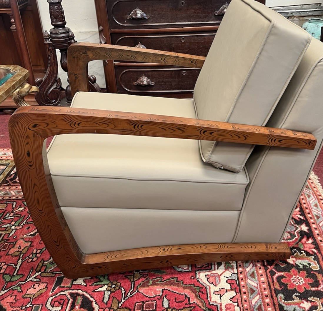 PAIR OF ART DECO STYLE UPHOLSTERED ARMCHAIRS & OTTOMANS