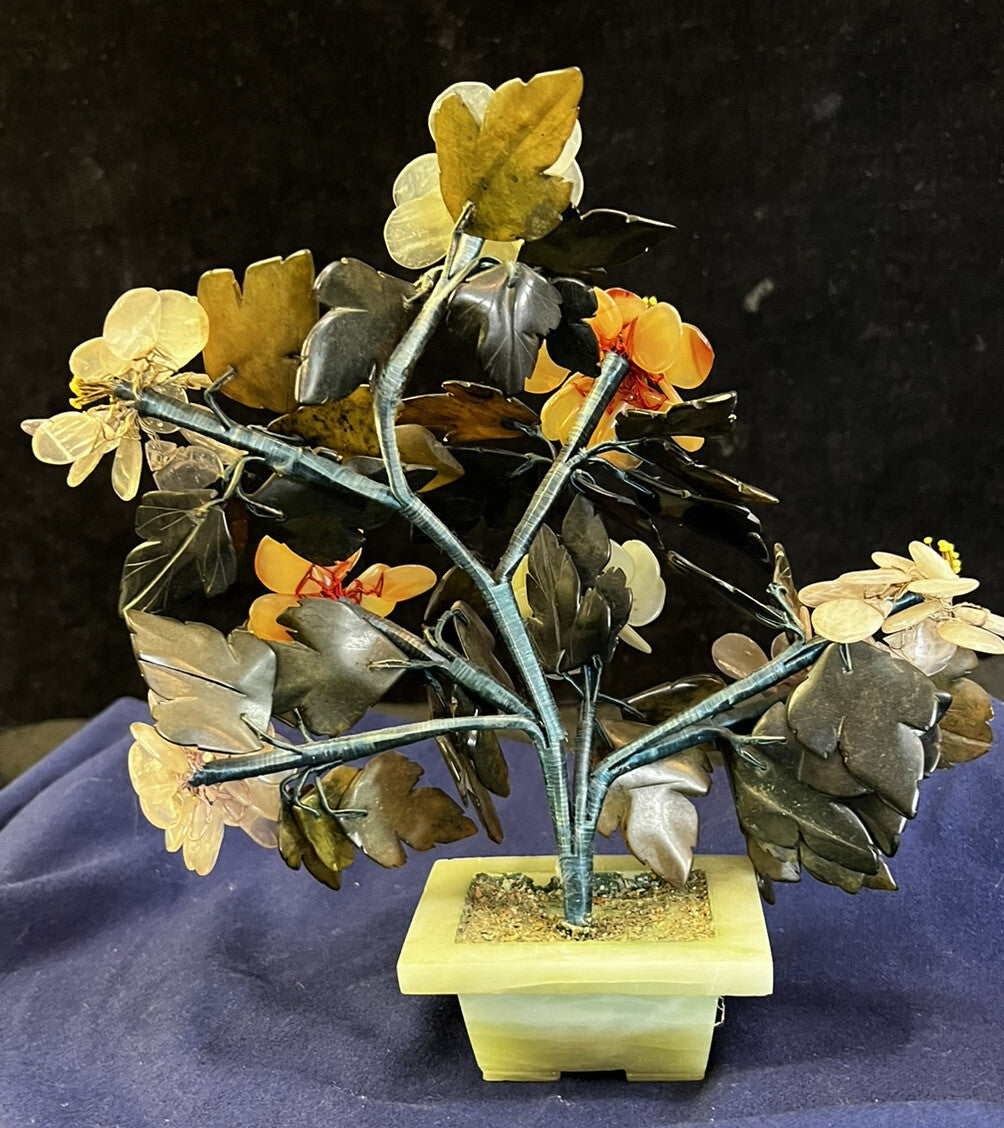 Chinese Tree of Life Bonsai Floral Mid Century Modern Jade Rose Quartz Agate 10"