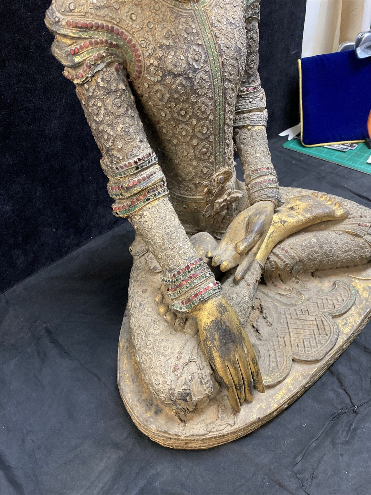 Thai Gilt Wood Seated Buddha Statue w/ Leather & Jewel Adornment