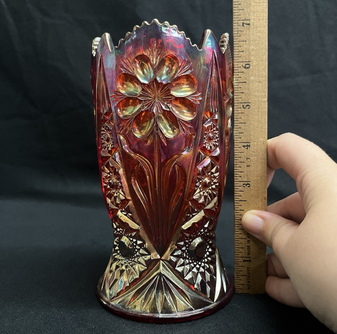 Imperial Glass OH Cosmos Ruby Carnival Cupped Flower Vase 6 3/4"