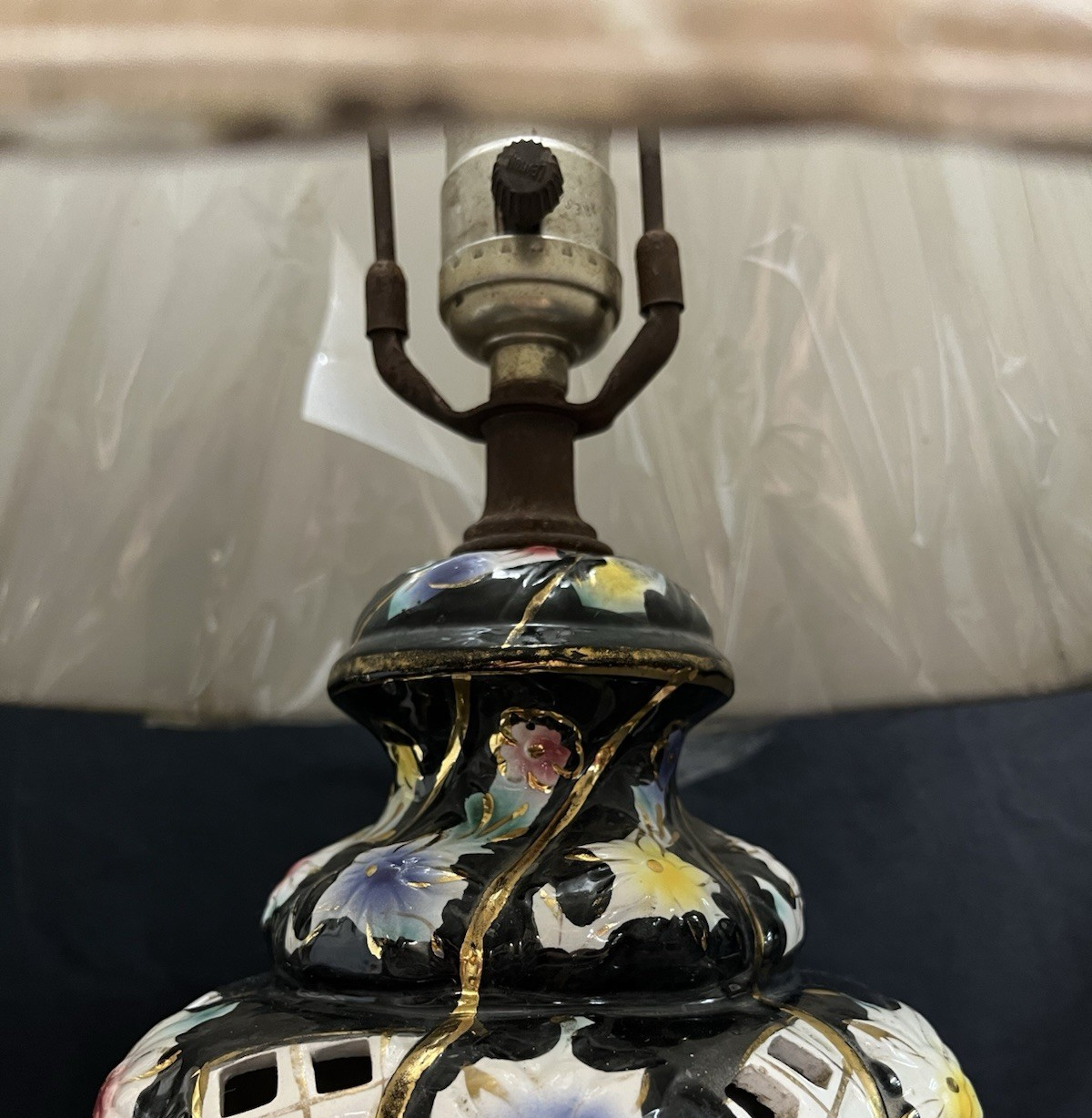 Vintage Capodimonte Porcelain Pierced Black & Gold Floral Lamp w/ Shade 26"