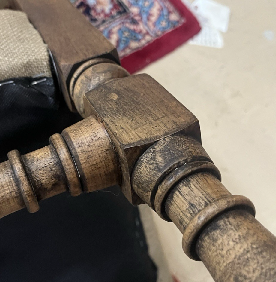 PAIR OF RESTORATION HARDWARE '1890 ENGLISH BAROQUE' BURLAP HIGHBACK CHAIRS