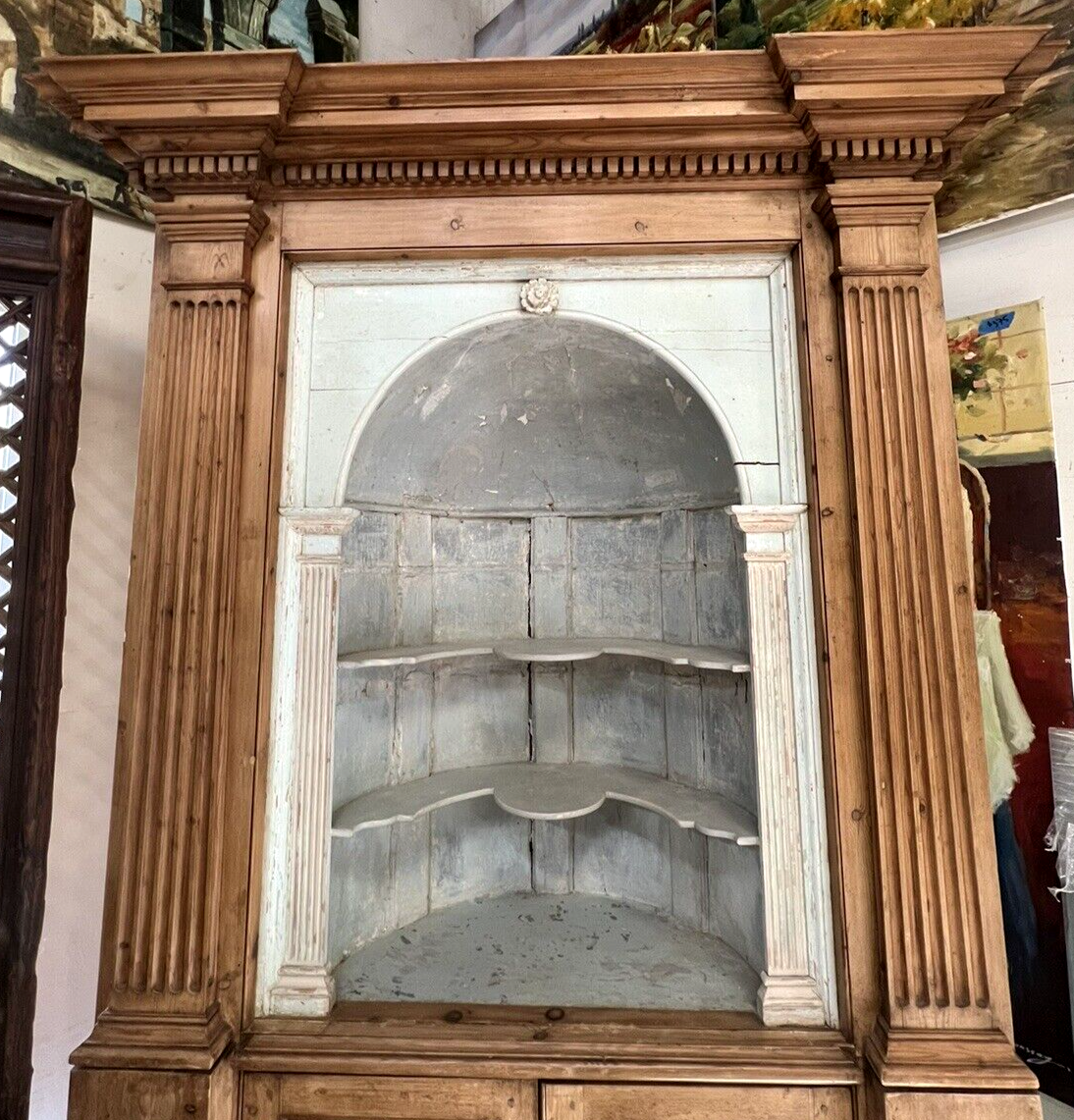 Antique American Federal Oak Corner Cabinet w/ Painted Interior 19C Farmhouse