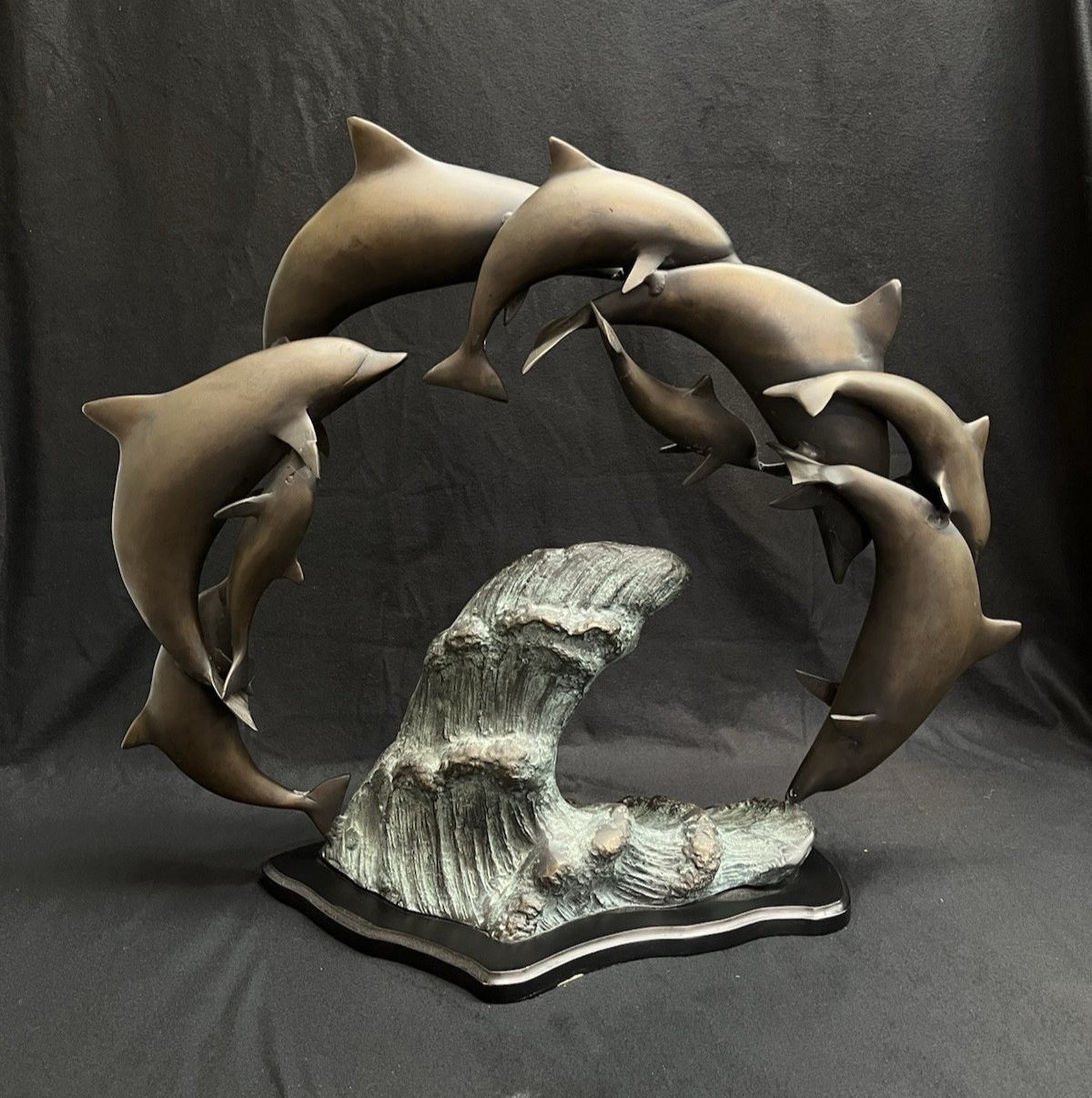 PB6 Bronze School of Dolphins Ocean Scene Statue w/ Wood Base 19"x 23"