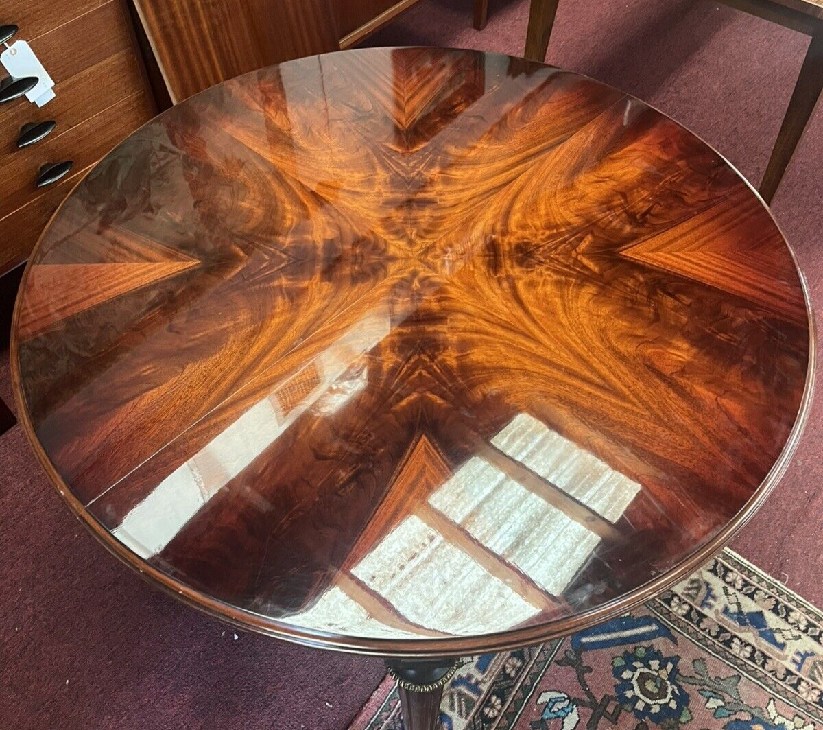 French Louis XVI Style Mahogany 44” Round High Gloss Dining Table w/ 2 Leaves