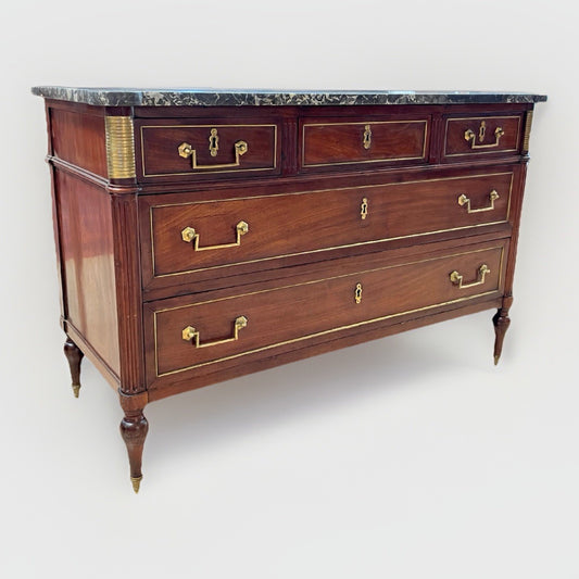 ANTIQUE FRENCH LOUIS XVI 5-DRAWER MAHOGANY COMMODE CHEST w/ GREY MARBLE TOP