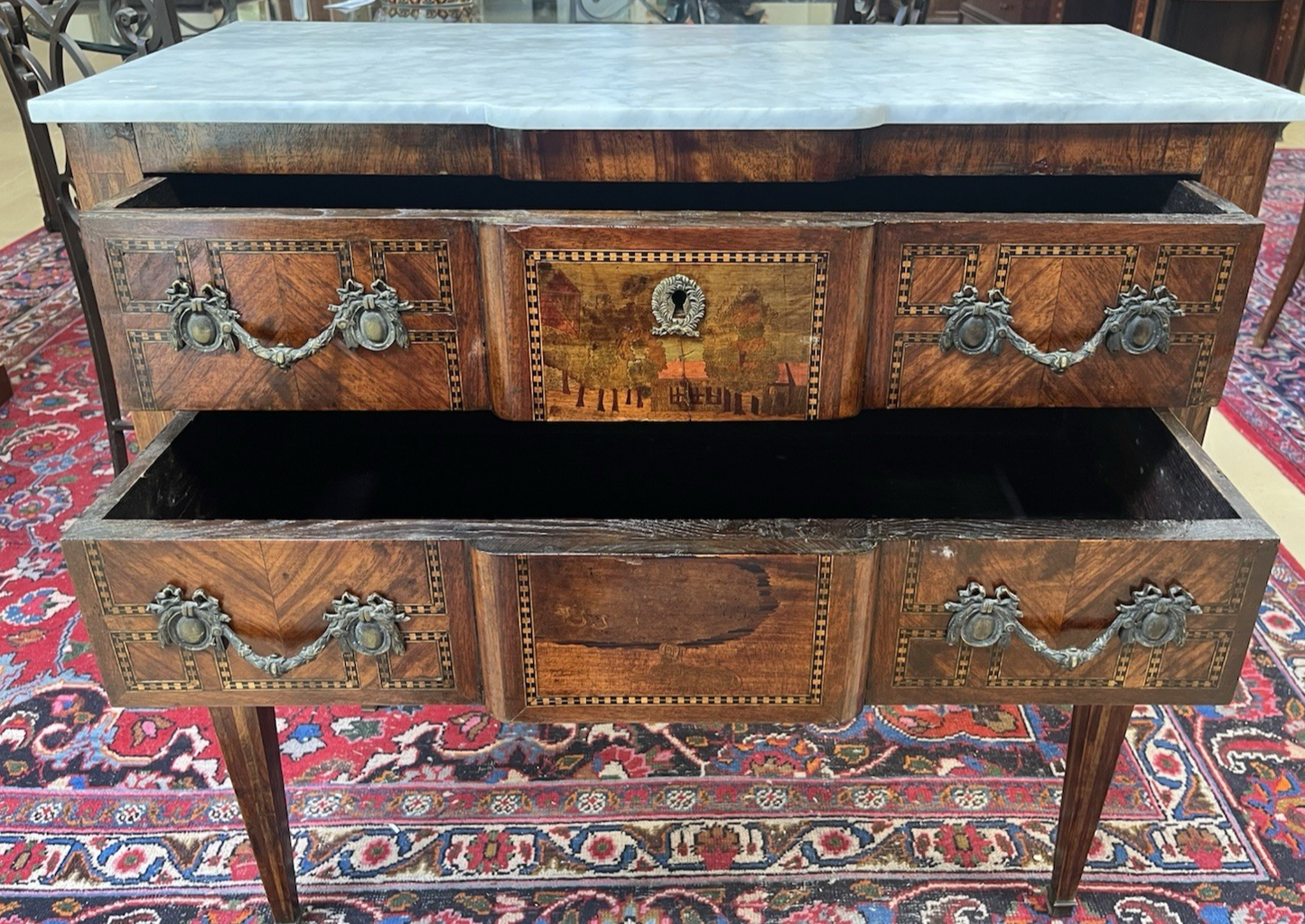ANTIQUE FRENCH LOUIS XVI MARBLE-TOP INLAID BREAKFRONT COMMODE CHEST