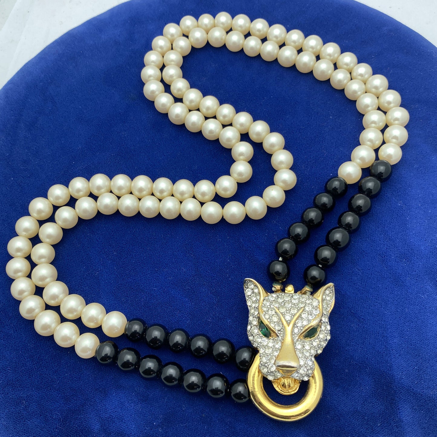 Vintage High End Black Panther Enamel Rhinestone Glass Faux Pearl Necklace