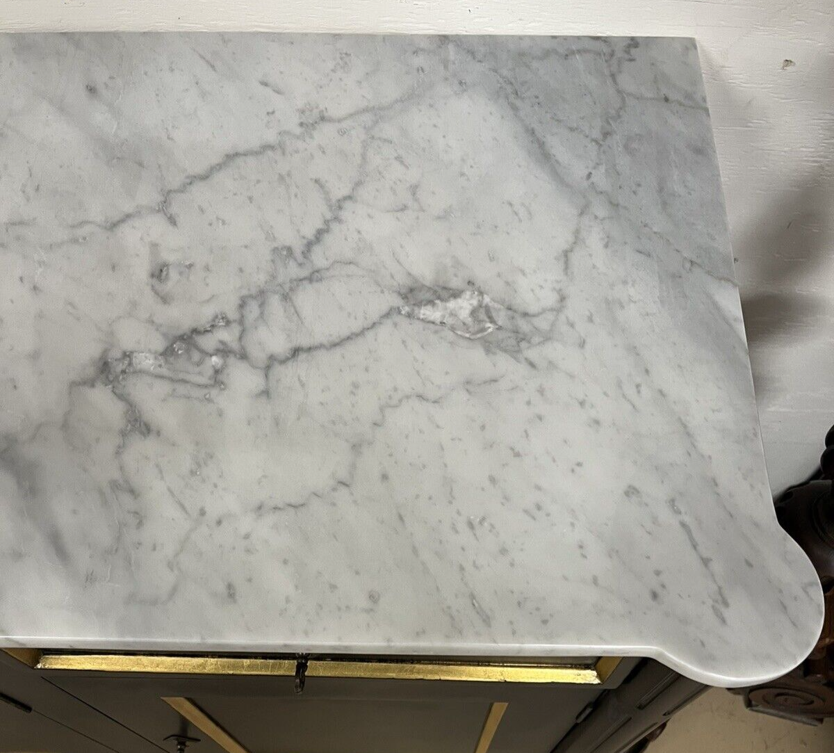 French Louis XVI Marble Top Black & Gold Cabinet Sideboard Cabinet Enfilade