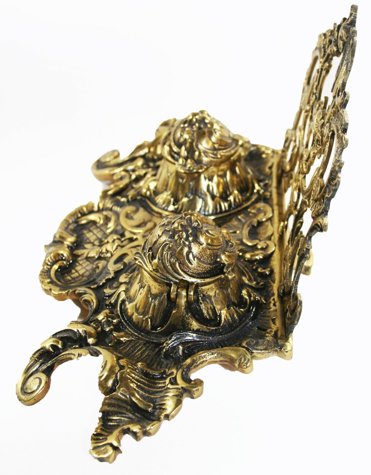 Antique Brass Desk Set 2 Ink Wells w Hinged Lids all works fine  13.5" wide