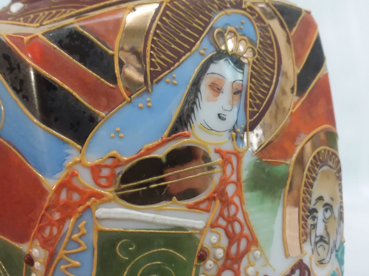 Pair Japanese Moriage Vases Man & Woman Colorful Dragonware  H6" Immortals