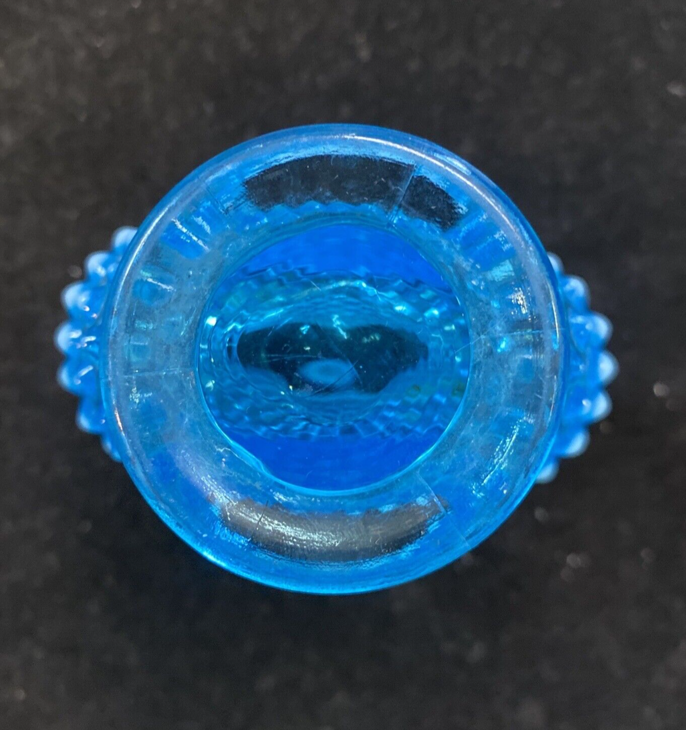 FENTON BLUE OPALESCENT HOBNAIL GLASS MINI FOOTED FAN VASE - CIRCA 1940 EXCELLENT