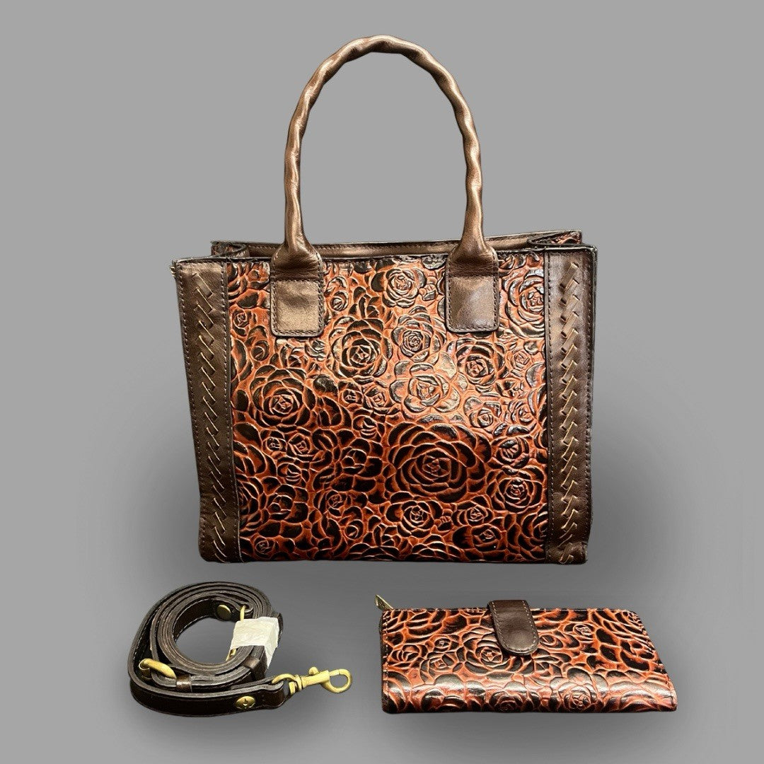 Patricia Nash Tooled Leather Brown Floral Tote Bag w/ Adjustable Strap 11.5"