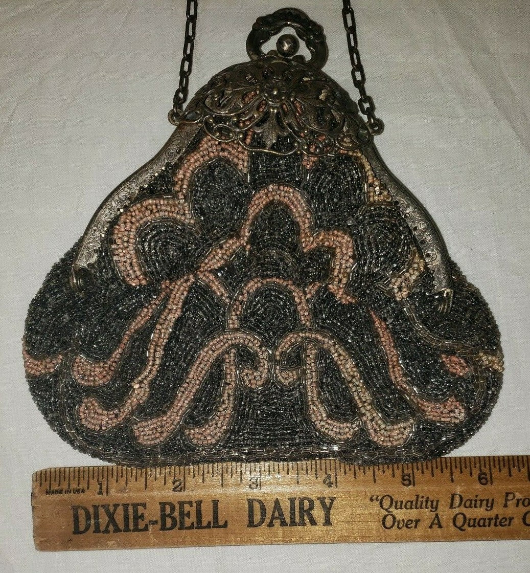 Antique Pink and Grey Beaded Purse Hand Made In France