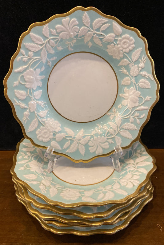 Ridgway 632 Blue & White Embossed Floral 1830s Pearlware 6 Dessert Plates