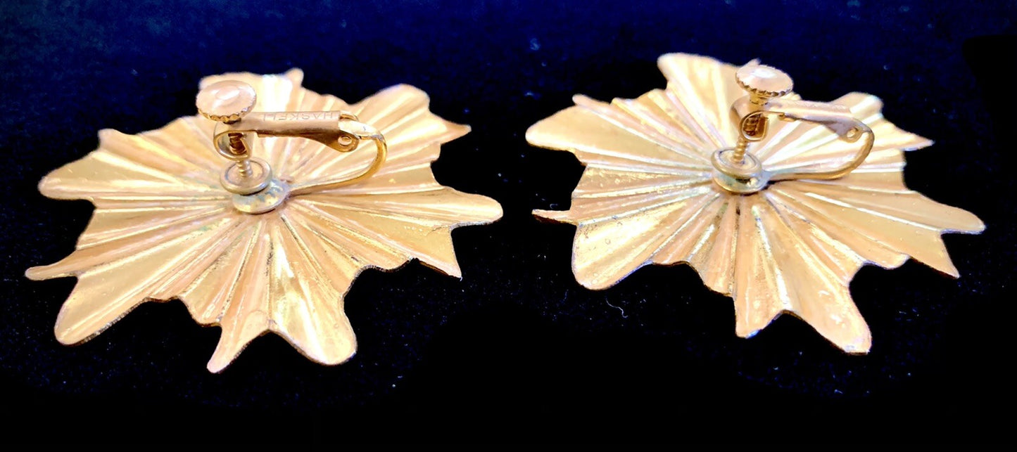 Miriam Haskell Signed Earrings Large 2" Gold Starburst Screw Back Clip MCM 60's