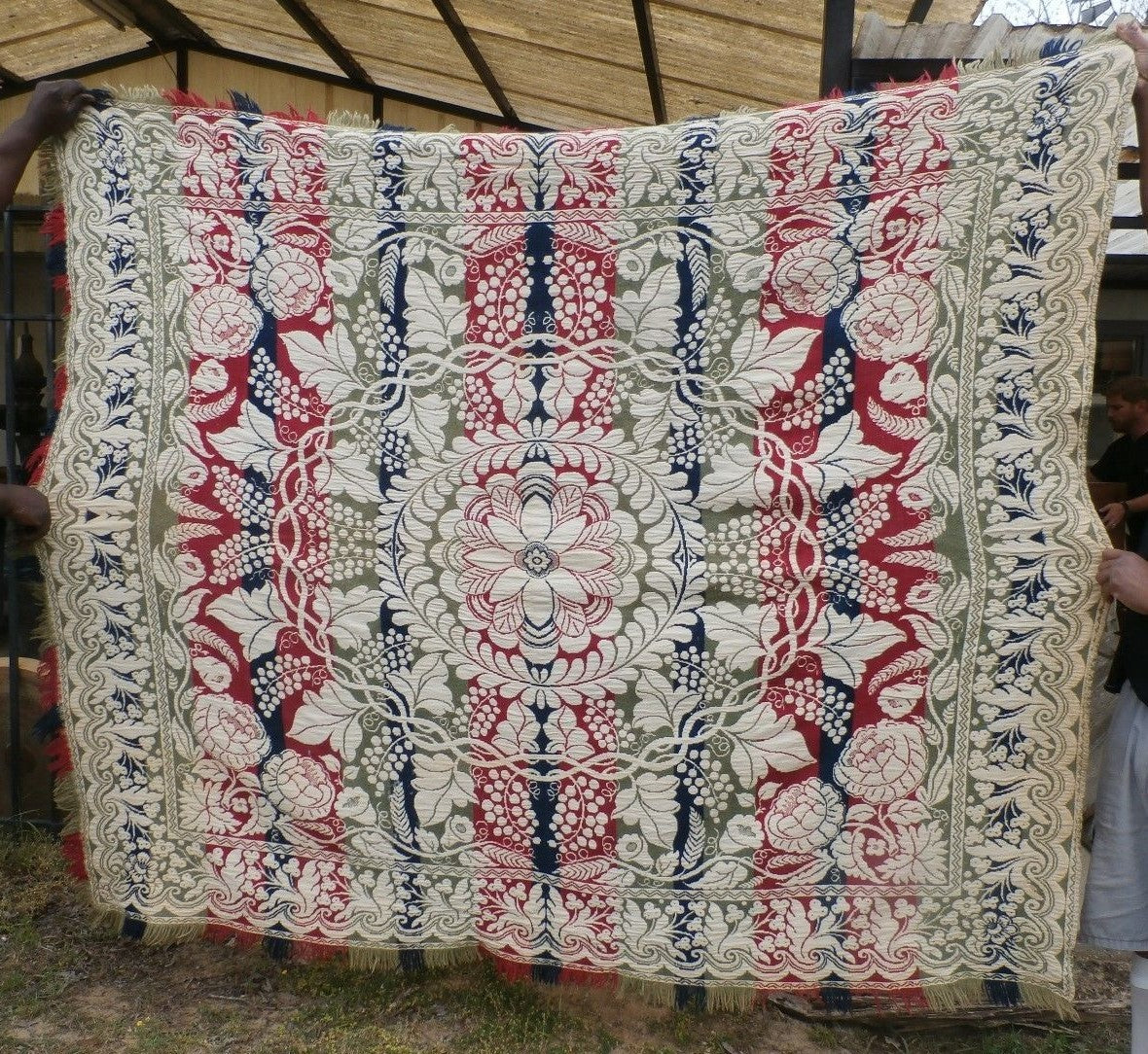 Antique Jacquard Wool Woven American 3 Color Coverlet mid1800's  Ohio? Signed NB