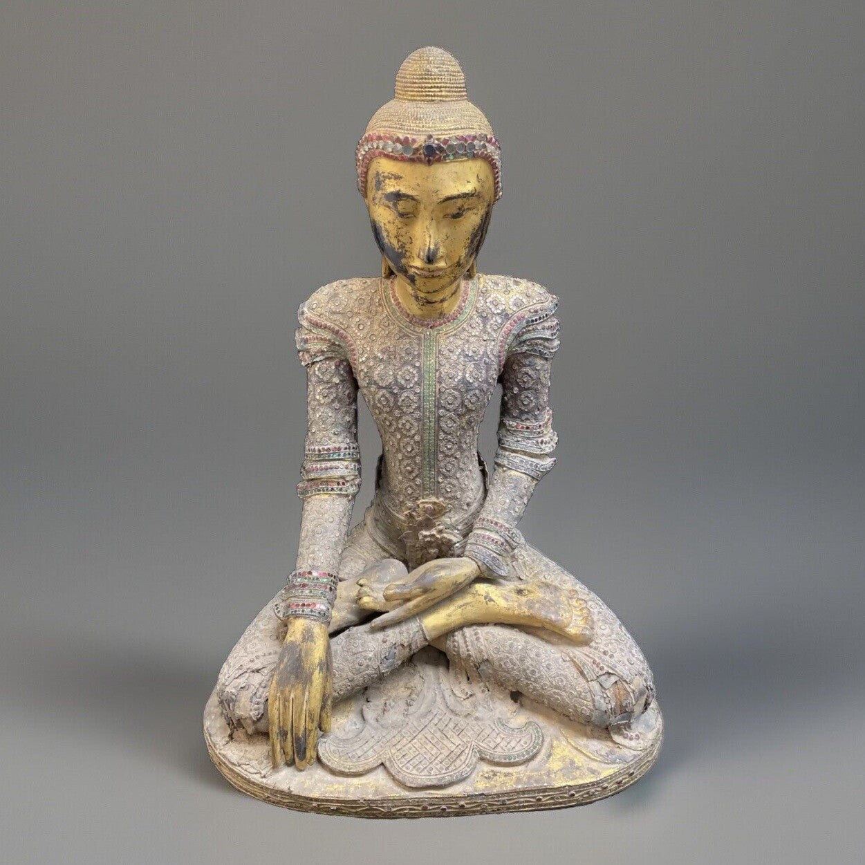 Thai Gilt Wood Seated Buddha Statue w/ Leather & Jewel Adornment