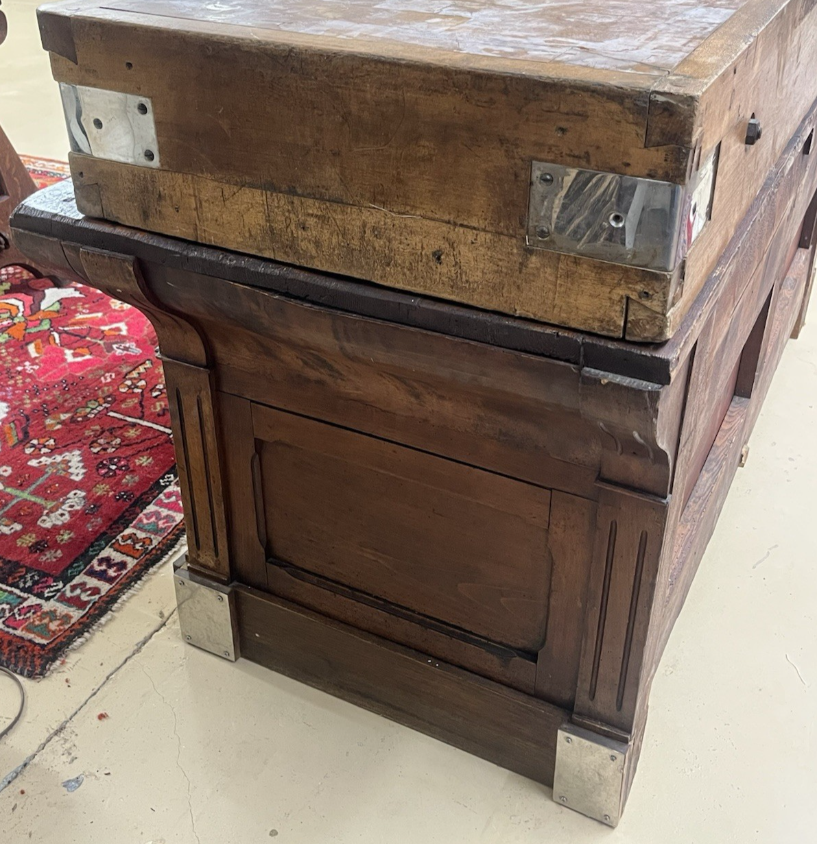 ANTIQUE FRENCH CARVED MIXED WOOD BUTCHER'S BLOCK WORK TABLE ISLAND 61" x 21"