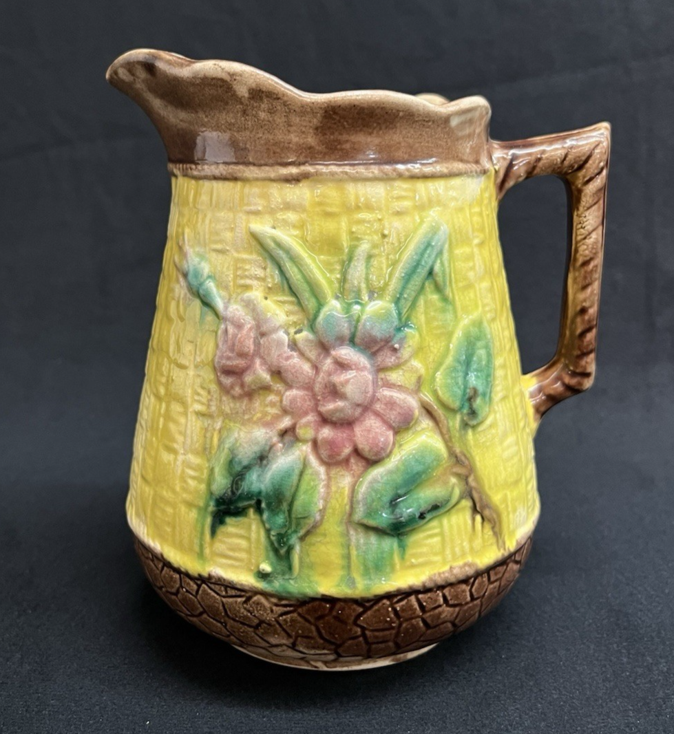 Majolica Basketweave Floral Design Brown and Yellow Jug/Pitcher 6 3/8"