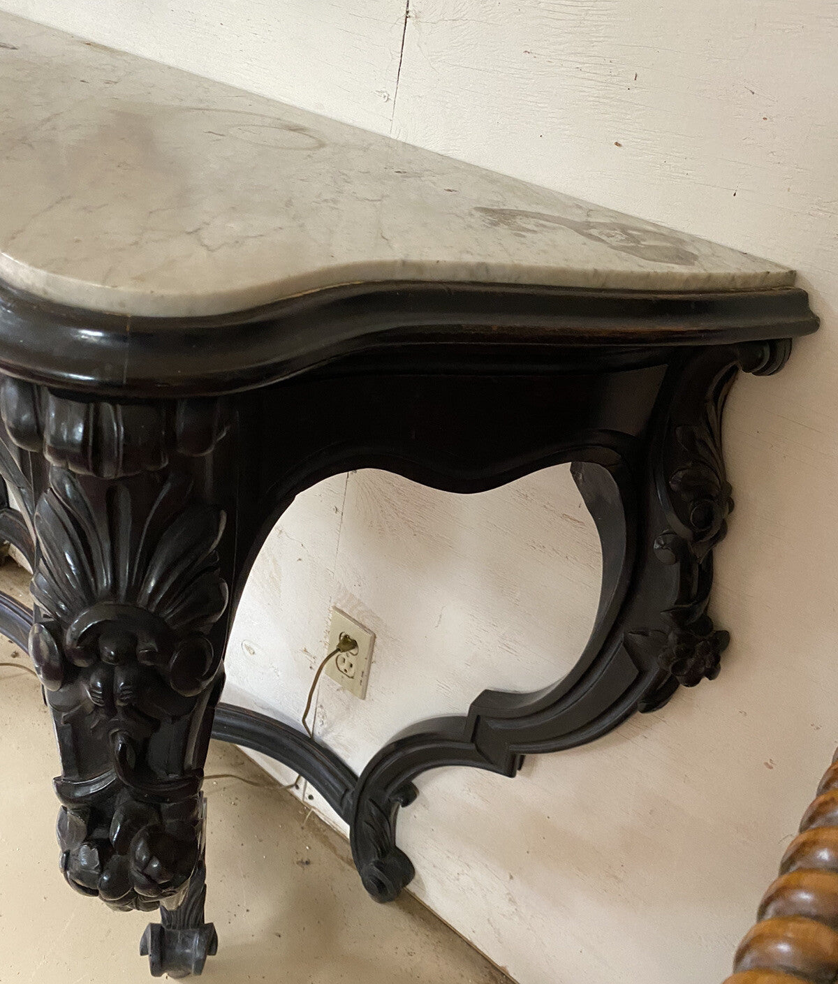 Antique French Louis XV Ebonized Bowfront Console Table w/ White Marble Top