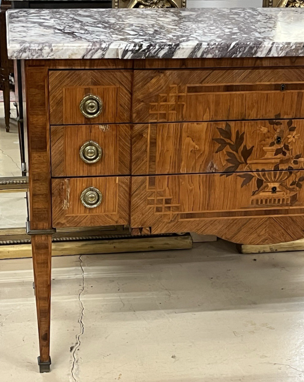 ANTIQUE FRENCH LOUIS XVI MARBLE-TOP INLAID MARQUETRY COMMODE CHEST OF DRAWERS