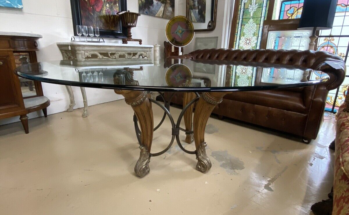 68" Round LARGE CONTEMPORARY GLASS-TOP Dining TABLE 4wood Carved & Iron Supports