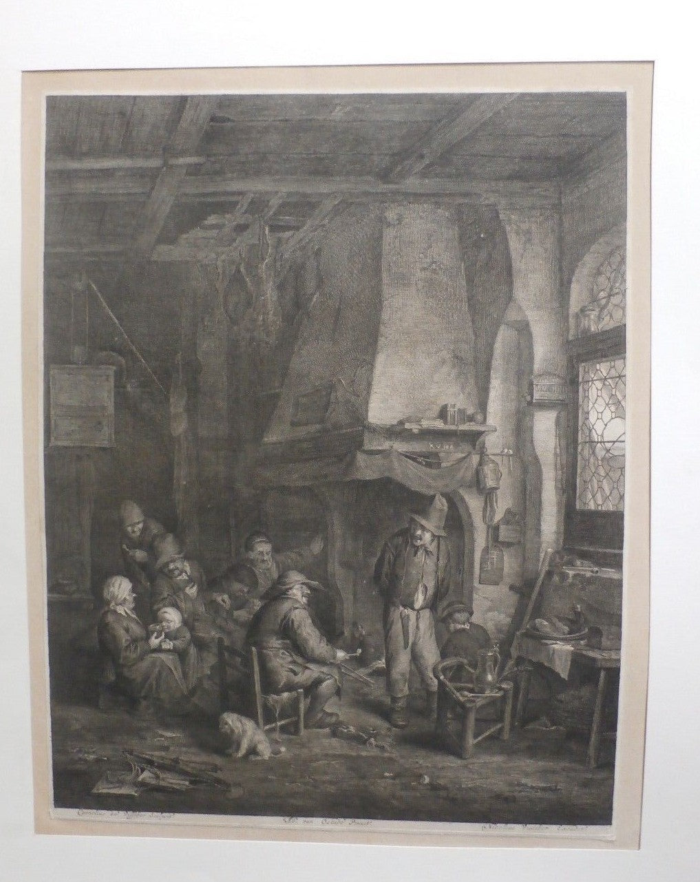 17th C. Nicolas Visscher Engraving / Etching - Villagers by the Grand Fireplace