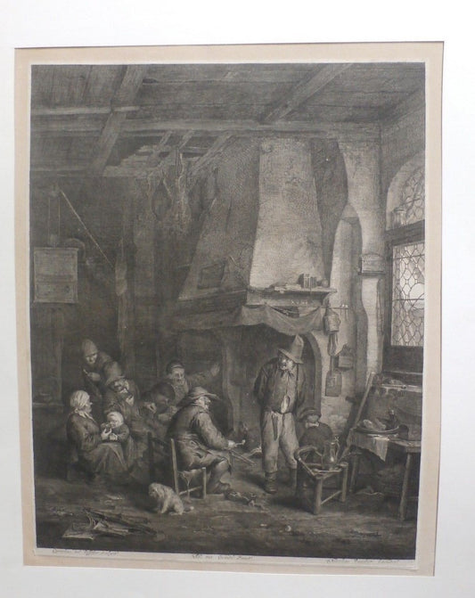 17th C. Nicolas Visscher Engraving / Etching - Villagers by the Grand Fireplace