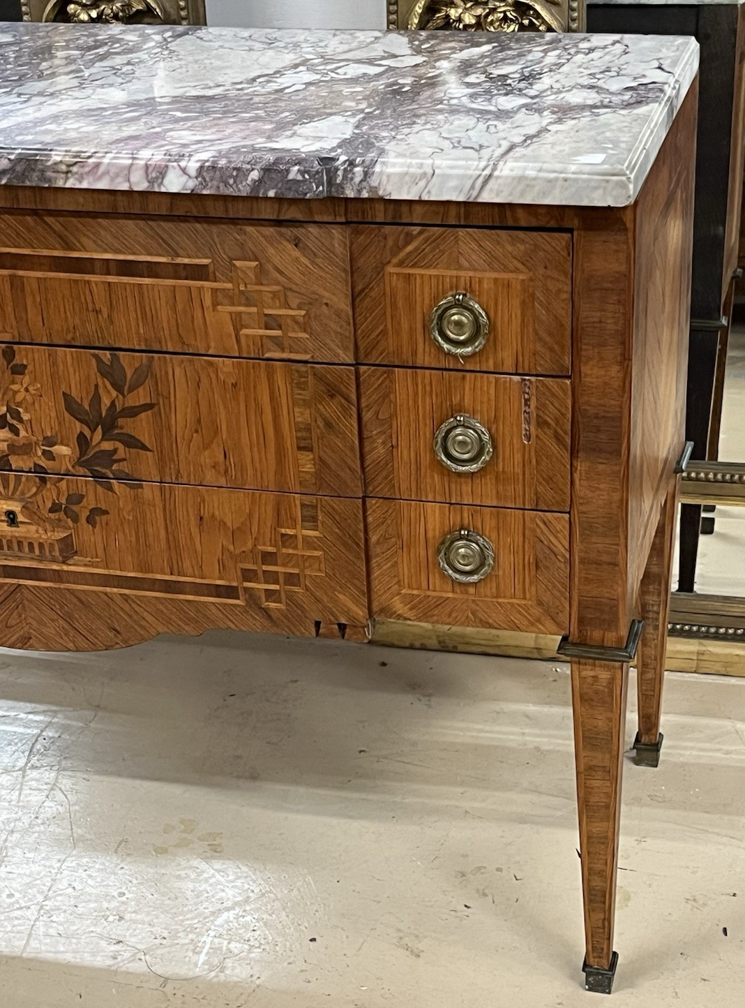 ANTIQUE FRENCH LOUIS XVI MARBLE-TOP INLAID MARQUETRY COMMODE CHEST OF DRAWERS