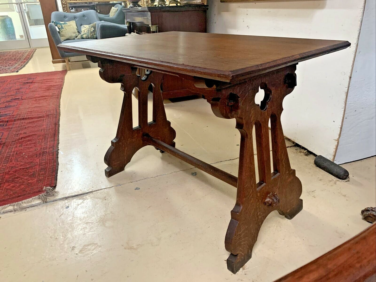 Antique French Solid Oak Gothic Ogee Writing Desk Table Bureau Plat Trestle