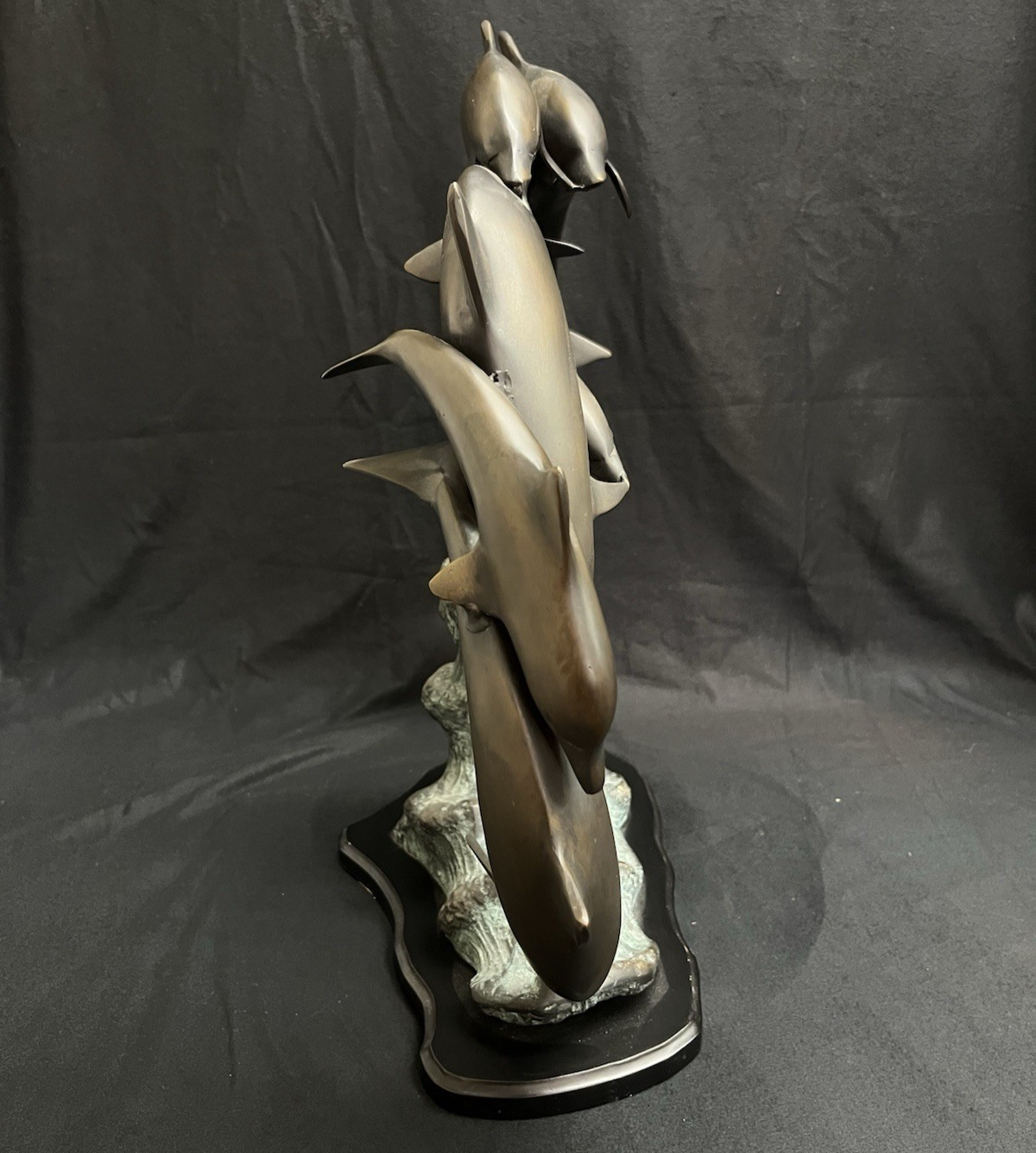 PB6 Bronze School of Dolphins Ocean Scene Statue w/ Wood Base 19"x 23"