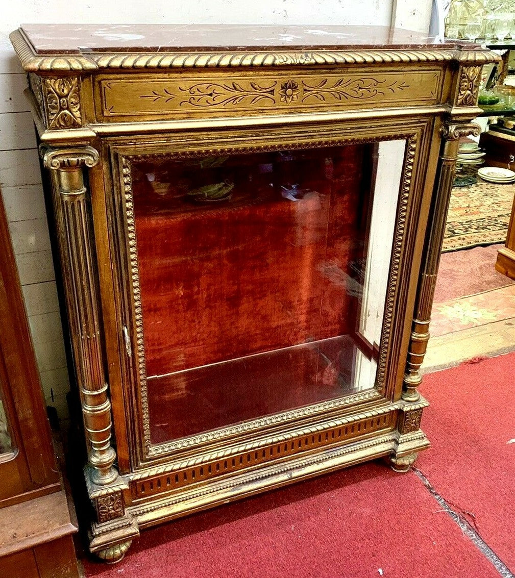Antique French Gold Gilt Marble Top Vitrine Glass Door and Sides Display Shelves