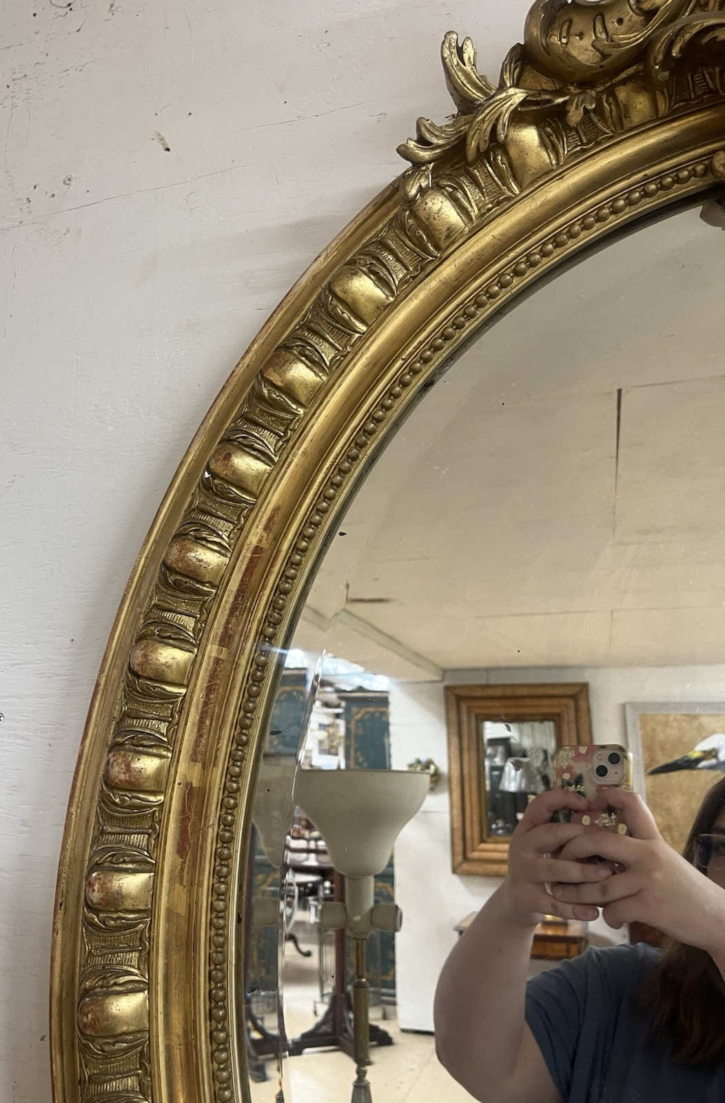 LARGE LOUIS XVI GOLD GILTWOOD OVAL WALL HANGING MIRROR, 55"H