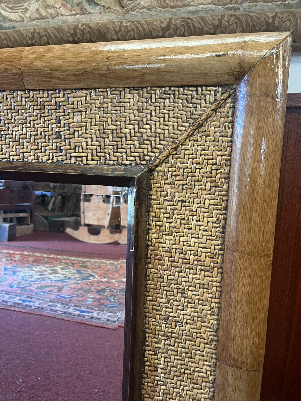 PAIR OF COASTAL BEACH BAMBOO & RATTAN FRAMED BEVELED MIRRORS 35.5" X 29.5"