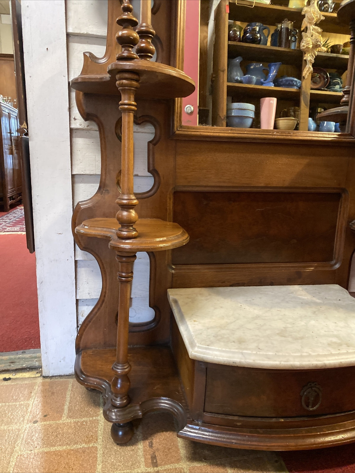 101" Tall Antique American Victorian Walnut Hall Tree Etagere w Mirror & Marble