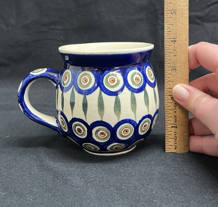 Boleslawiec Polish Pottery Belly Mug, Peacock Pattern, 3.75 in,  6 mugs avail