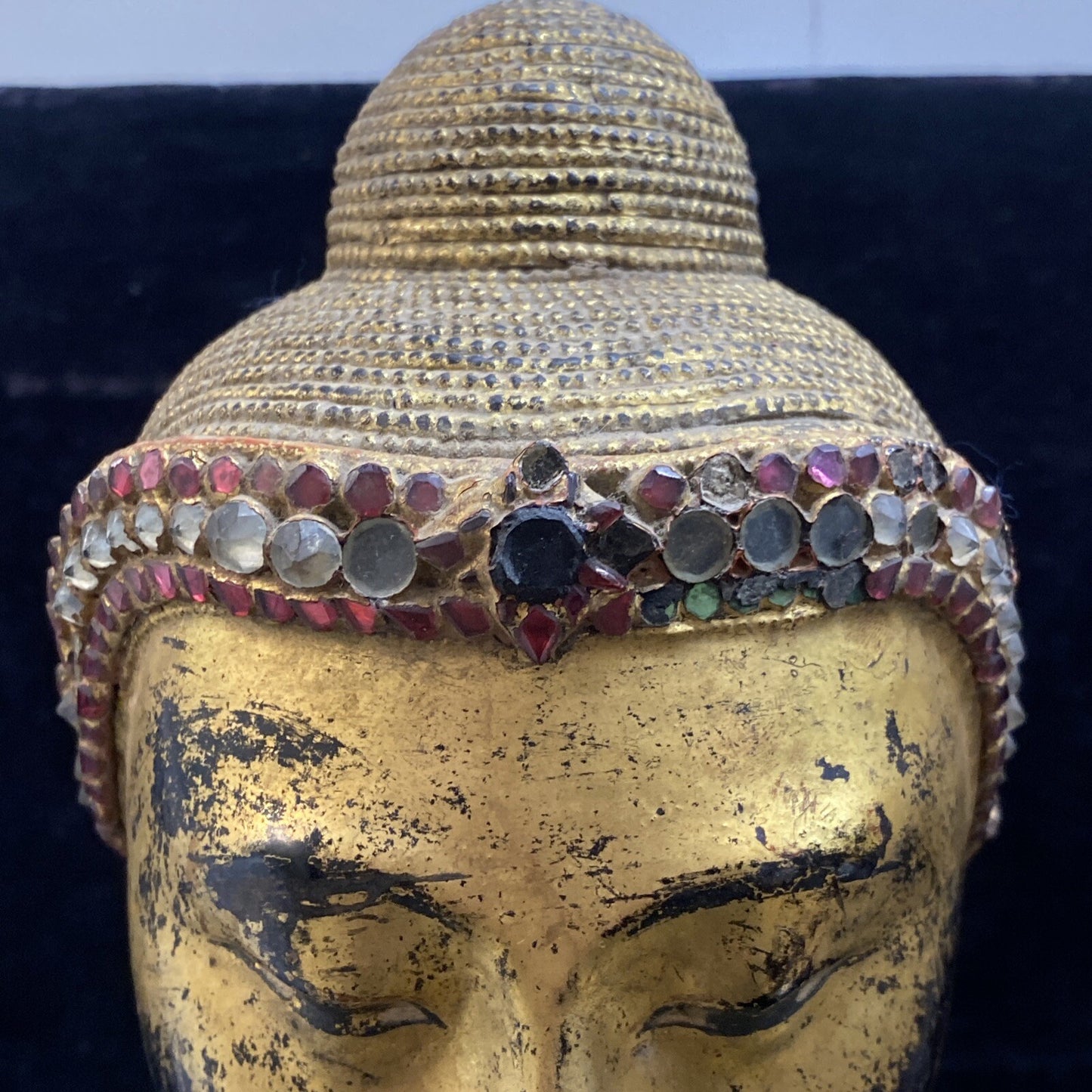 Thai Gilt Wood Seated Buddha Statue w/ Leather & Jewel Adornment