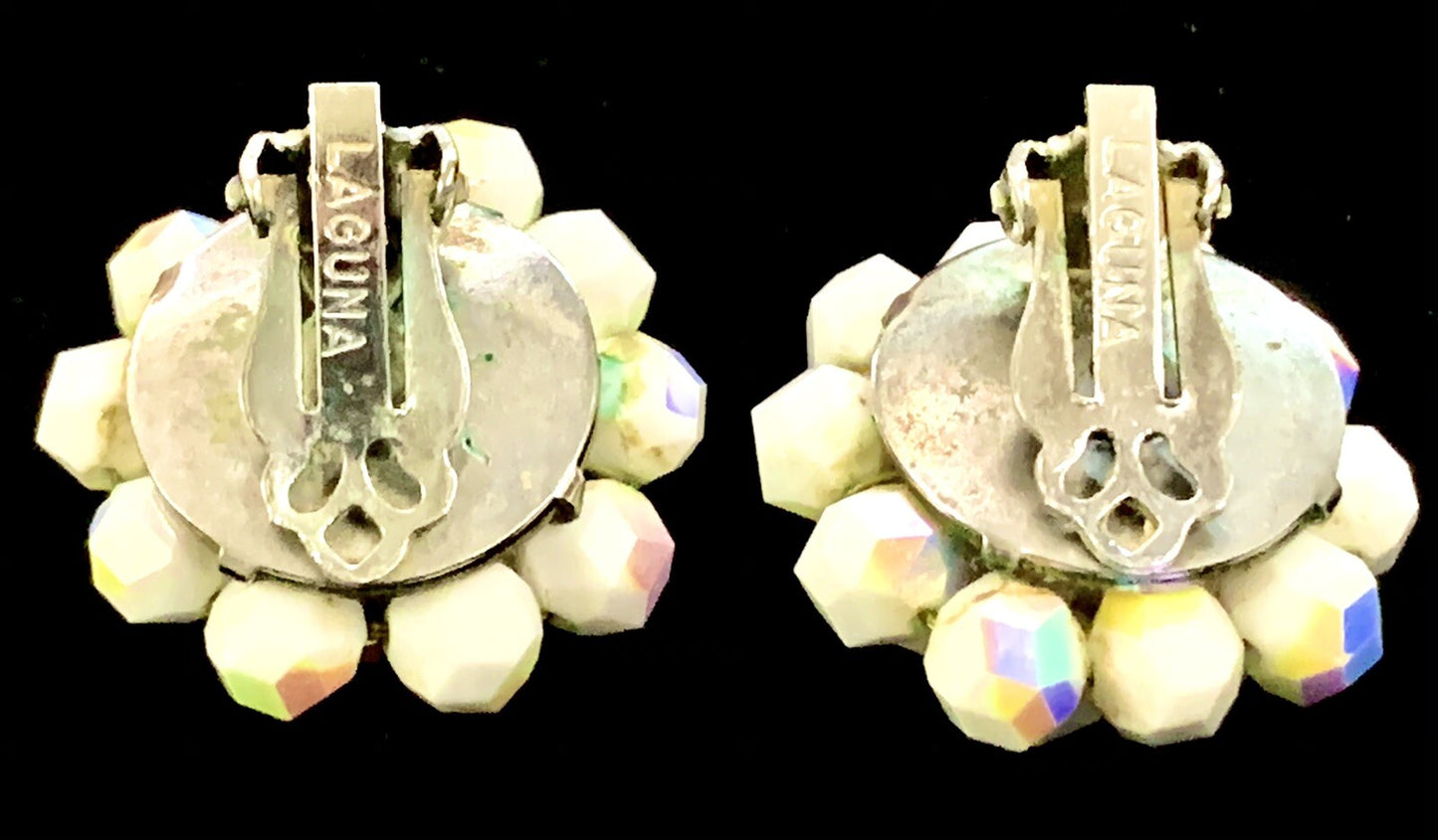 Vintage 1950s Laguna Milk Glass Crystal Clip Earrings Signed