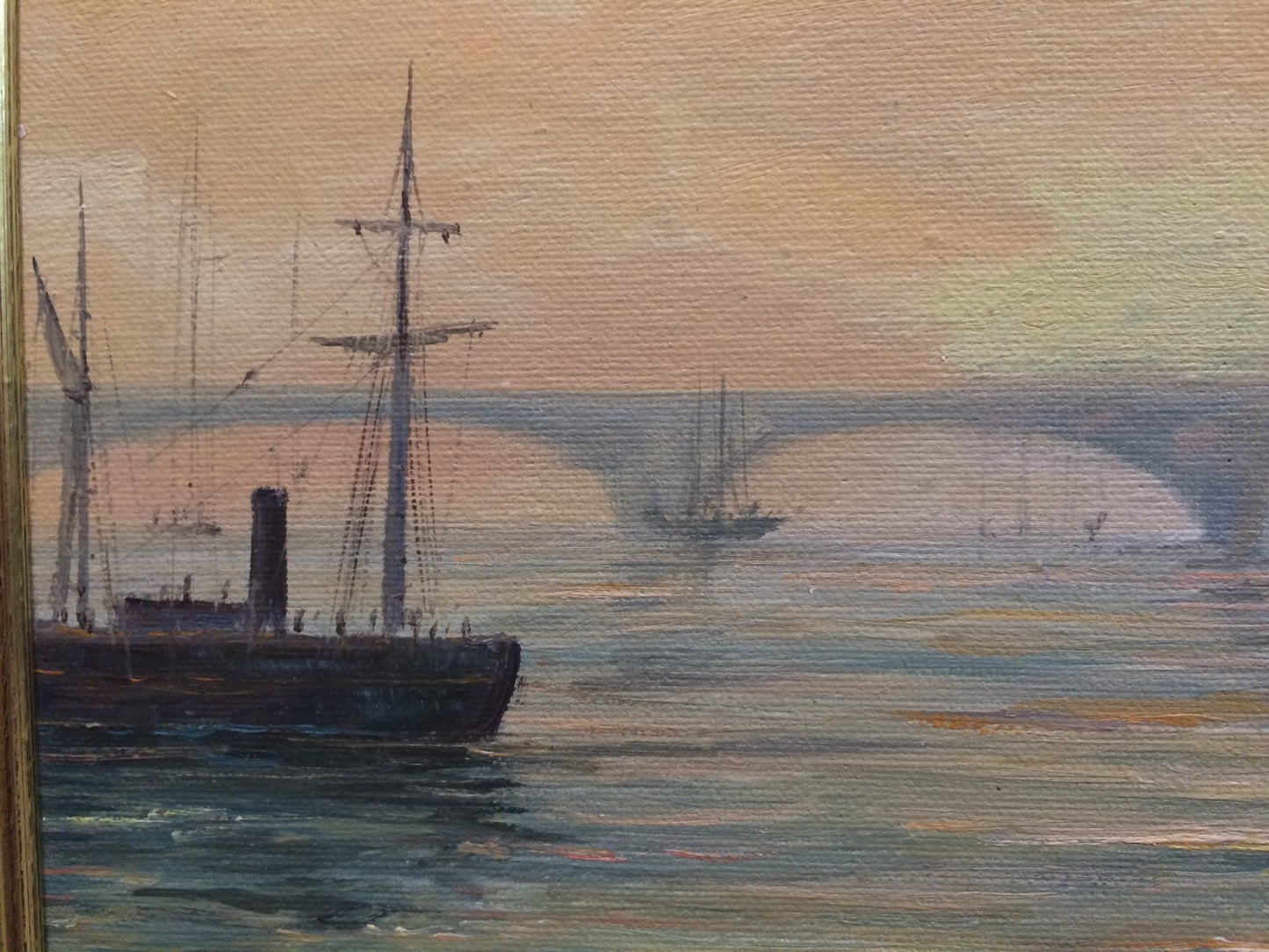 Vtg Oil Painting on Canvas Boats Ships in Harbor Signed Continental  W27" x  23"