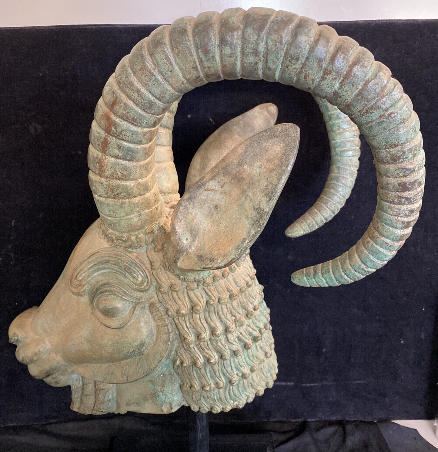 Persian Style Mounted Cast Bronze Ram's Head Sculpture