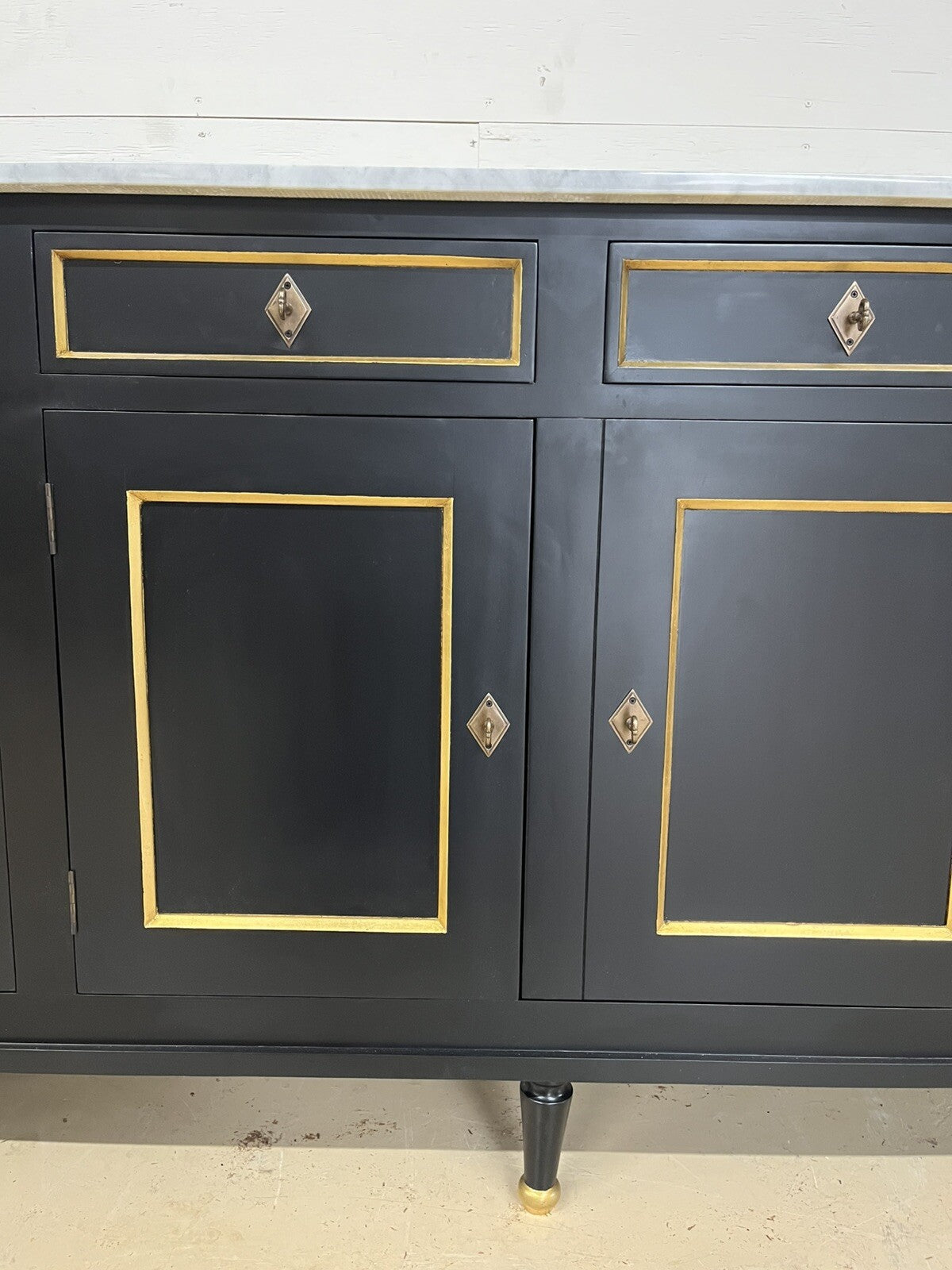 French Louis XVI Marble Top Black & Gold Cabinet Sideboard Cabinet Enfilade