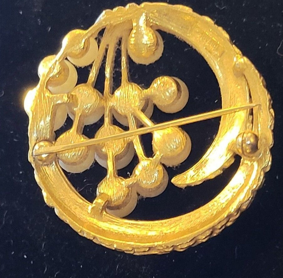 vintage signed  Crown Trifari Brooch. Gold Tone Metal, Faux Pearls 1 3/4" 1950"s
