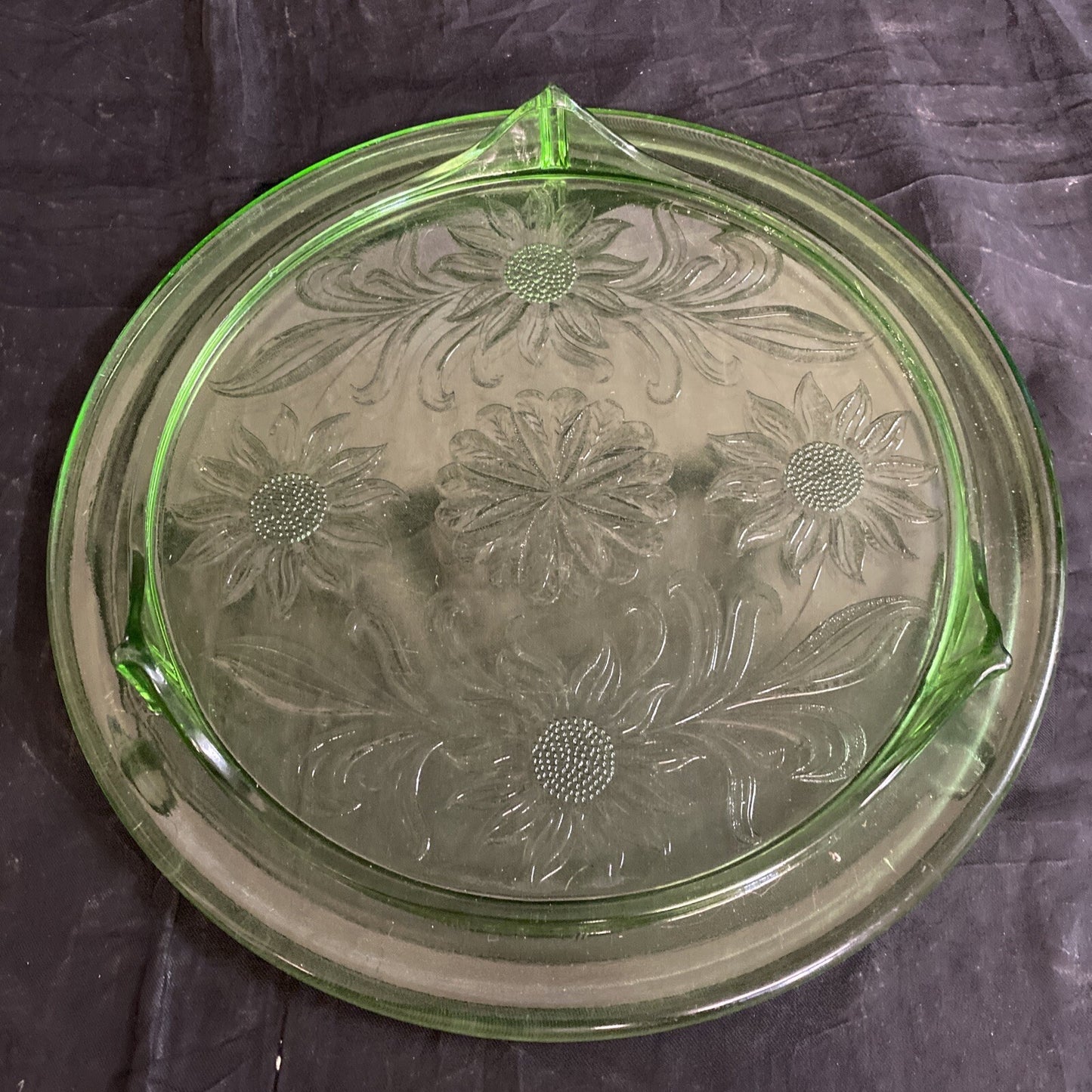 Jeanette Glass Co. 1930s Green Footed Depression Sunflower Cake Plate