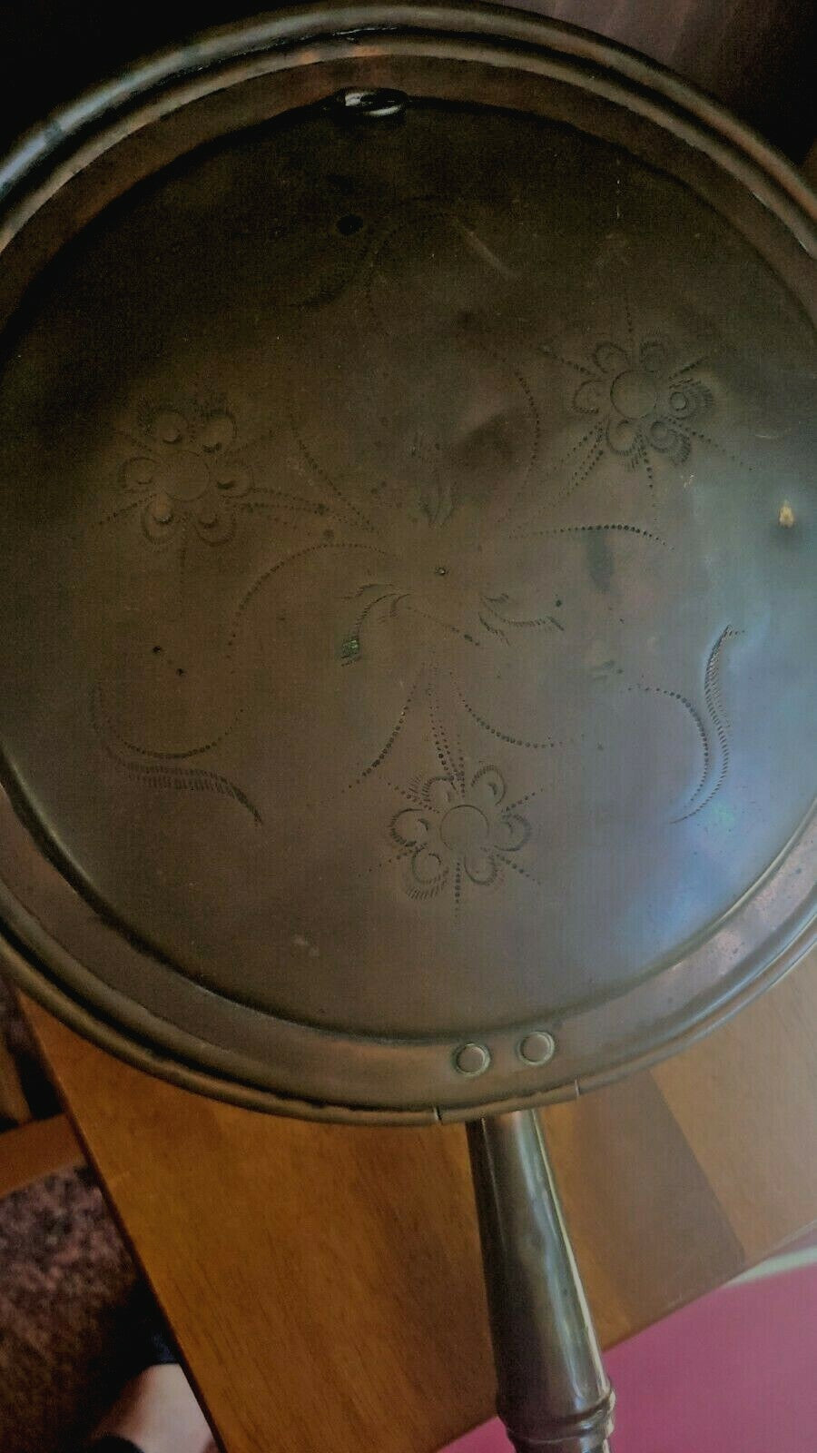 Antique French Copper Bed Warmer Handmade 200 years ago Etched Lid 41" Handle